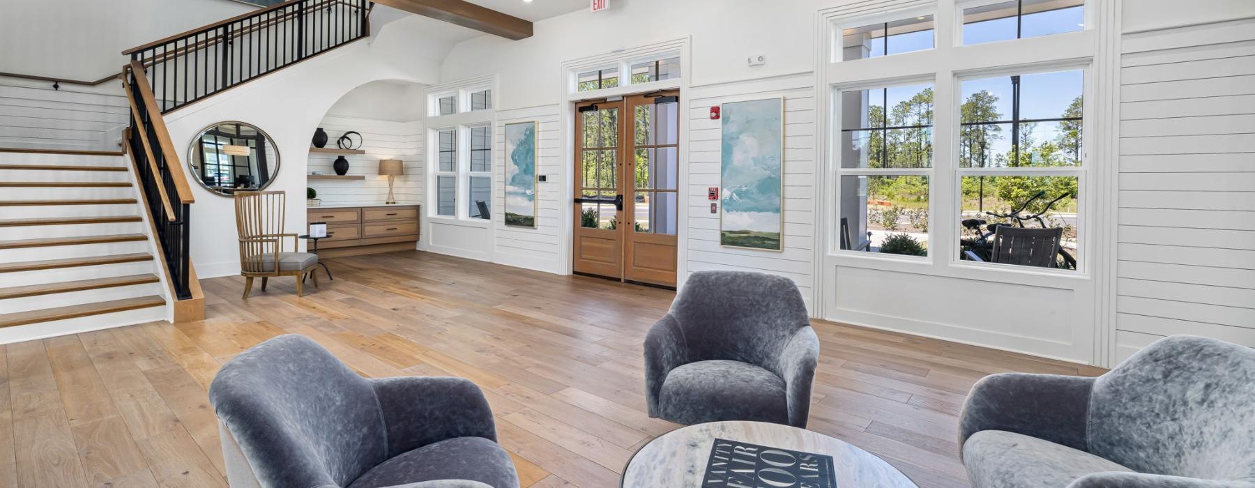 a living room with a wood floor